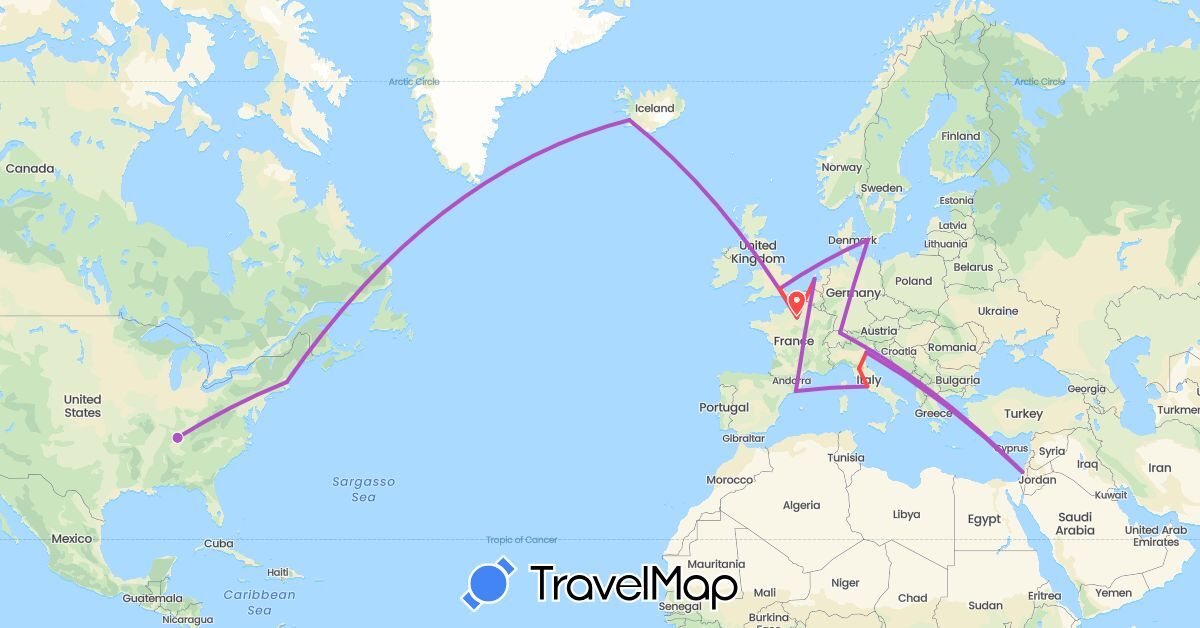 TravelMap itinerary: train, hiking, electric vehicle in Switzerland, Denmark, Spain, France, United Kingdom, Israel, Iceland, Italy, Netherlands, United States (Asia, Europe, North America)