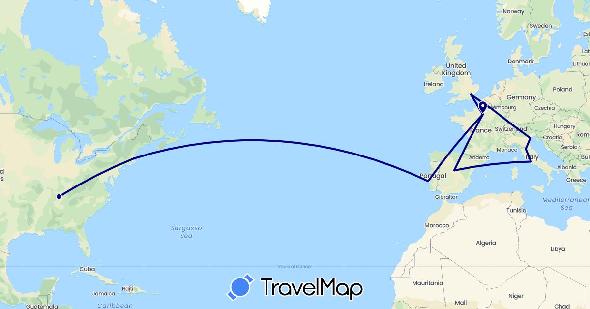 TravelMap itinerary: driving in Switzerland, Spain, France, United Kingdom, Italy, Portugal, United States (Europe, North America)